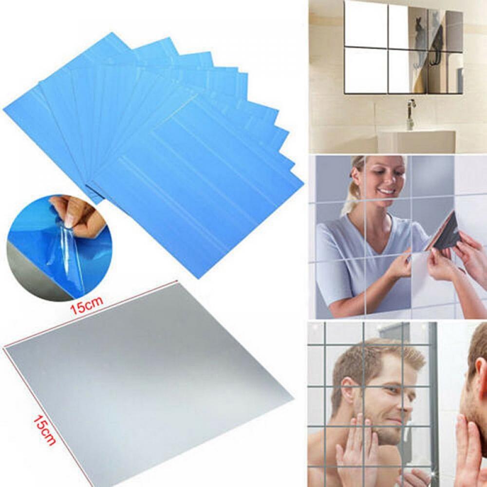 Jolly 16 Pieces Square Mirror Tiles Self-Adhesive Mirror Wall Stickers  Plastic DIY Mirror for Home Decor 